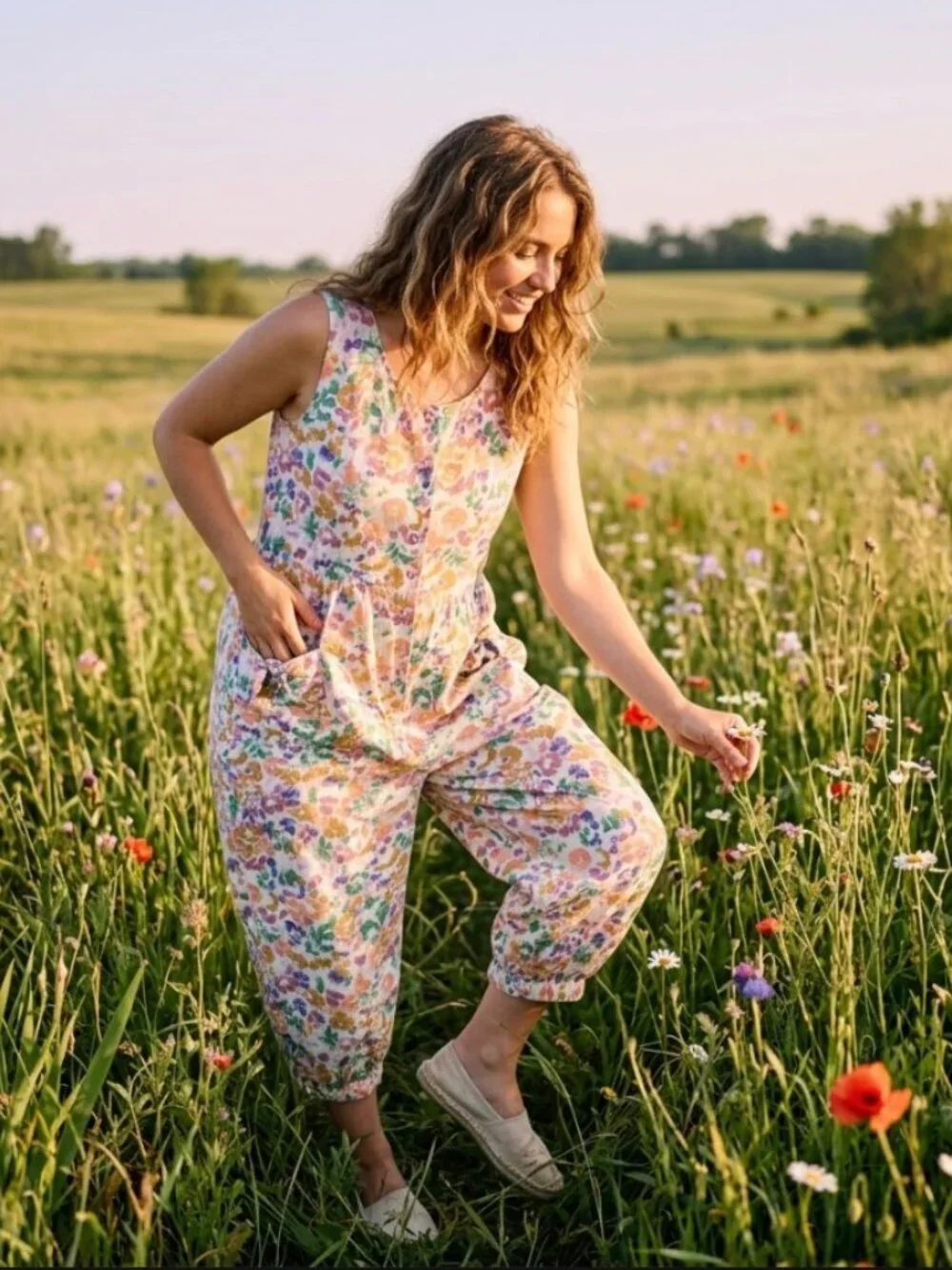 VTG 90s Floral Bubble Romper XL Slouchy Balloon Leg Pocket Boho Cottage Festival